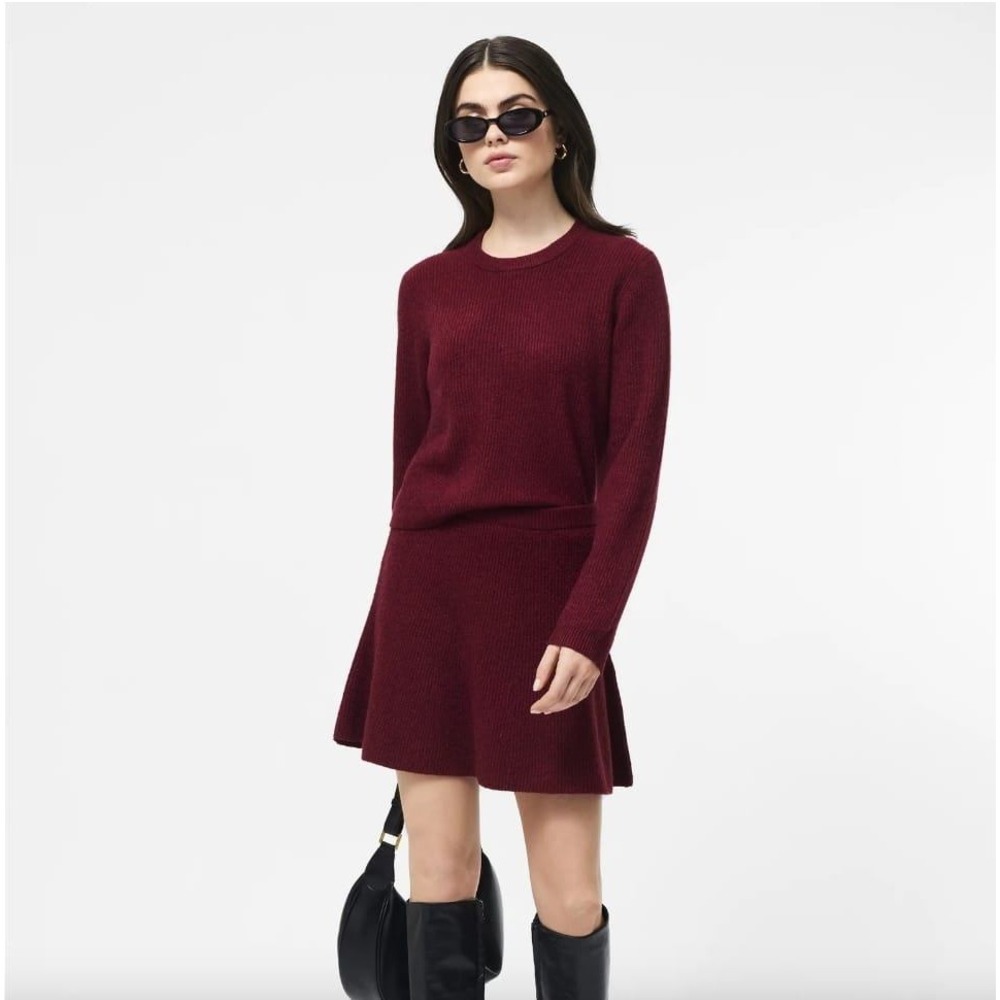 French Connection Evening Wine Ribbed Crew Neck Long Sleeve Knit Dress Size S‎